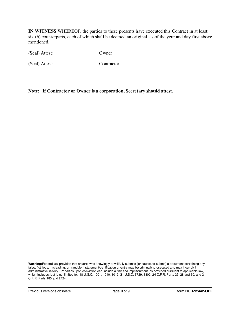 Form HUD-92442-OHF Construction Contract, Page 9