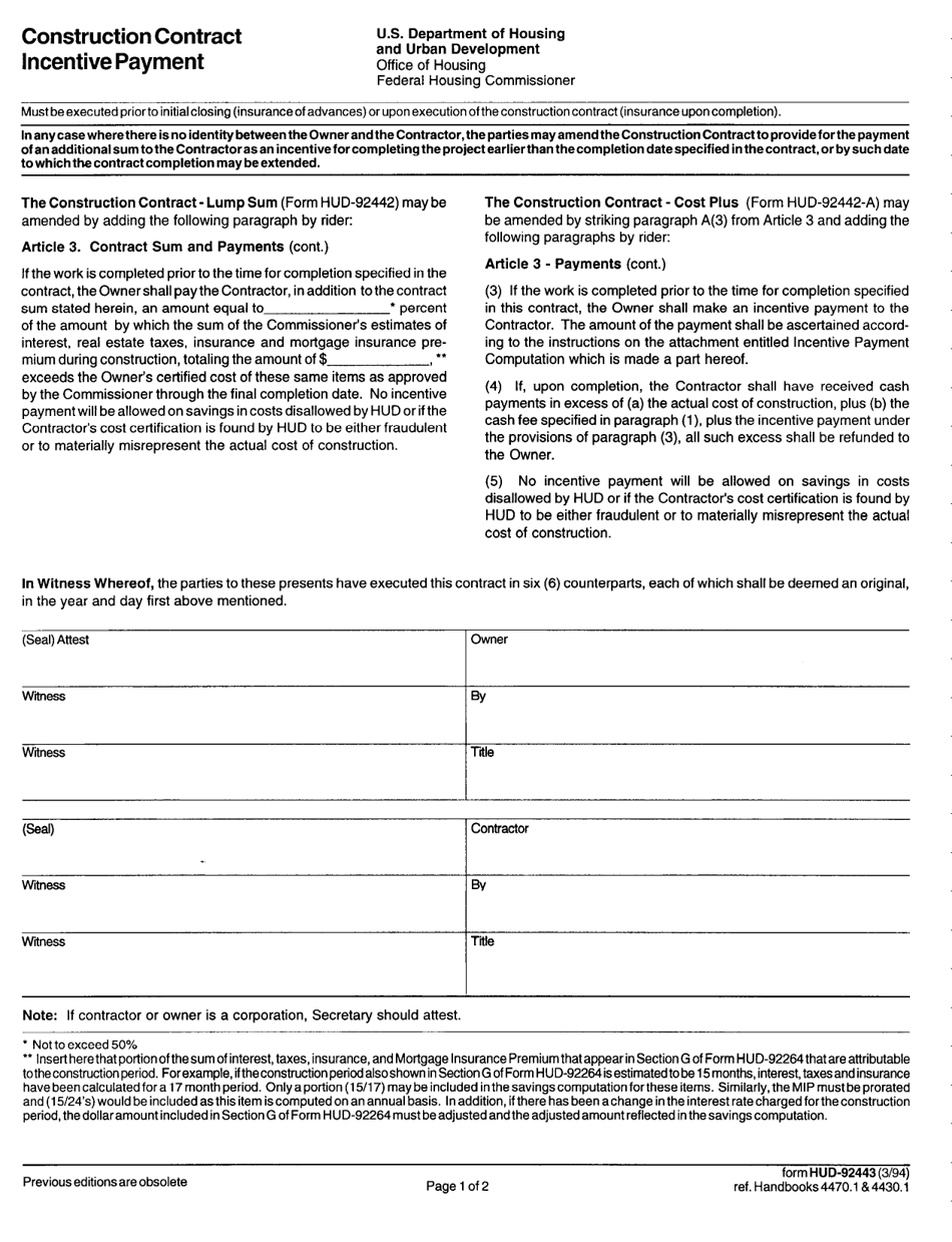Form HUD-92443 Construction Contract Incentive Payment, Page 1