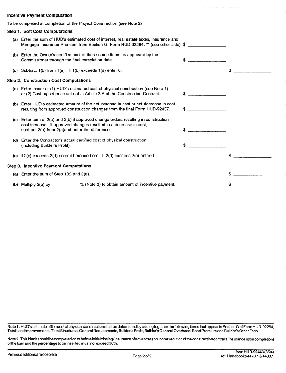 Form HUD-92443 Construction Contract Incentive Payment, Page 2