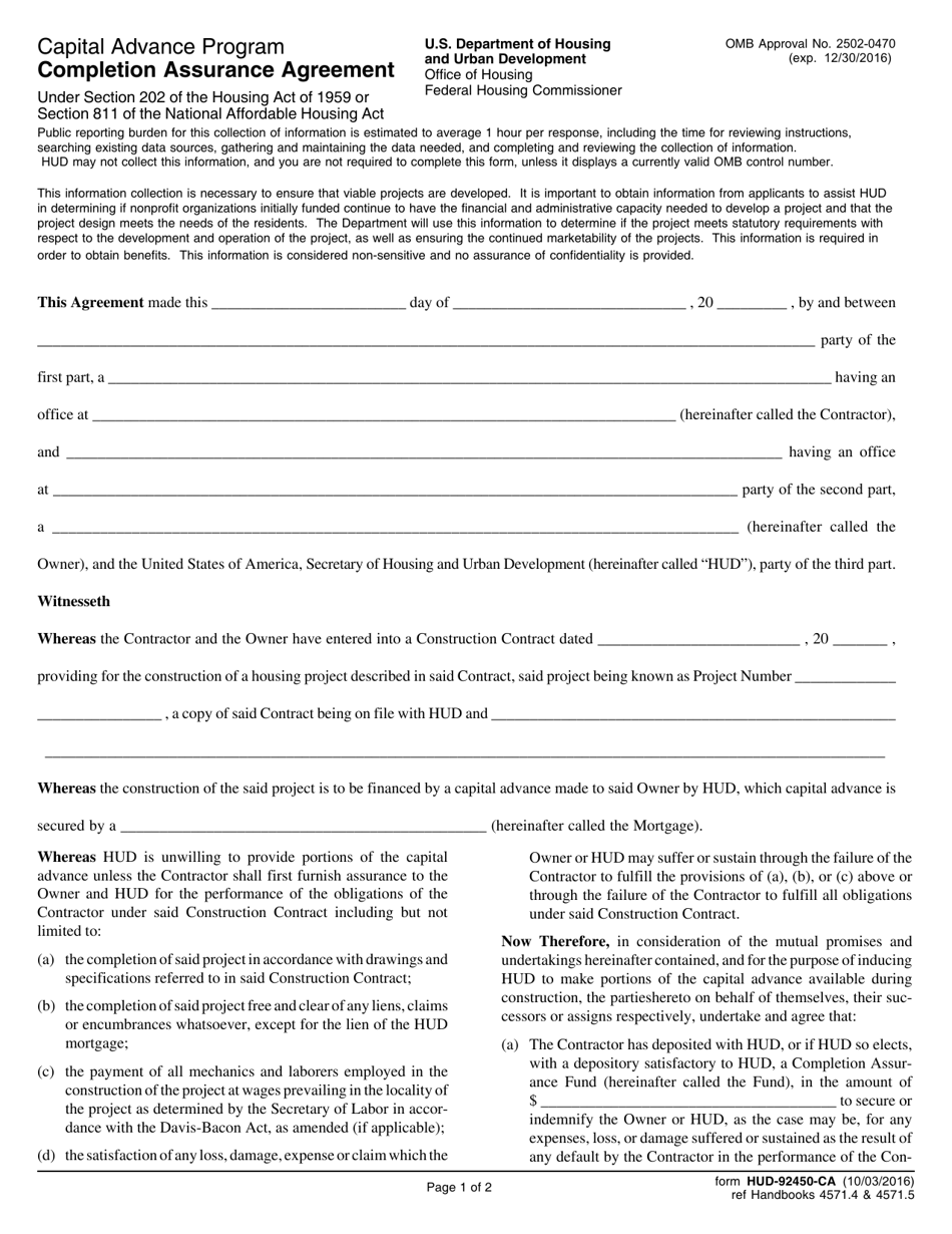 Form HUD-92450-CA Completion Assurance Agreement - Capital Advance Program, Page 1