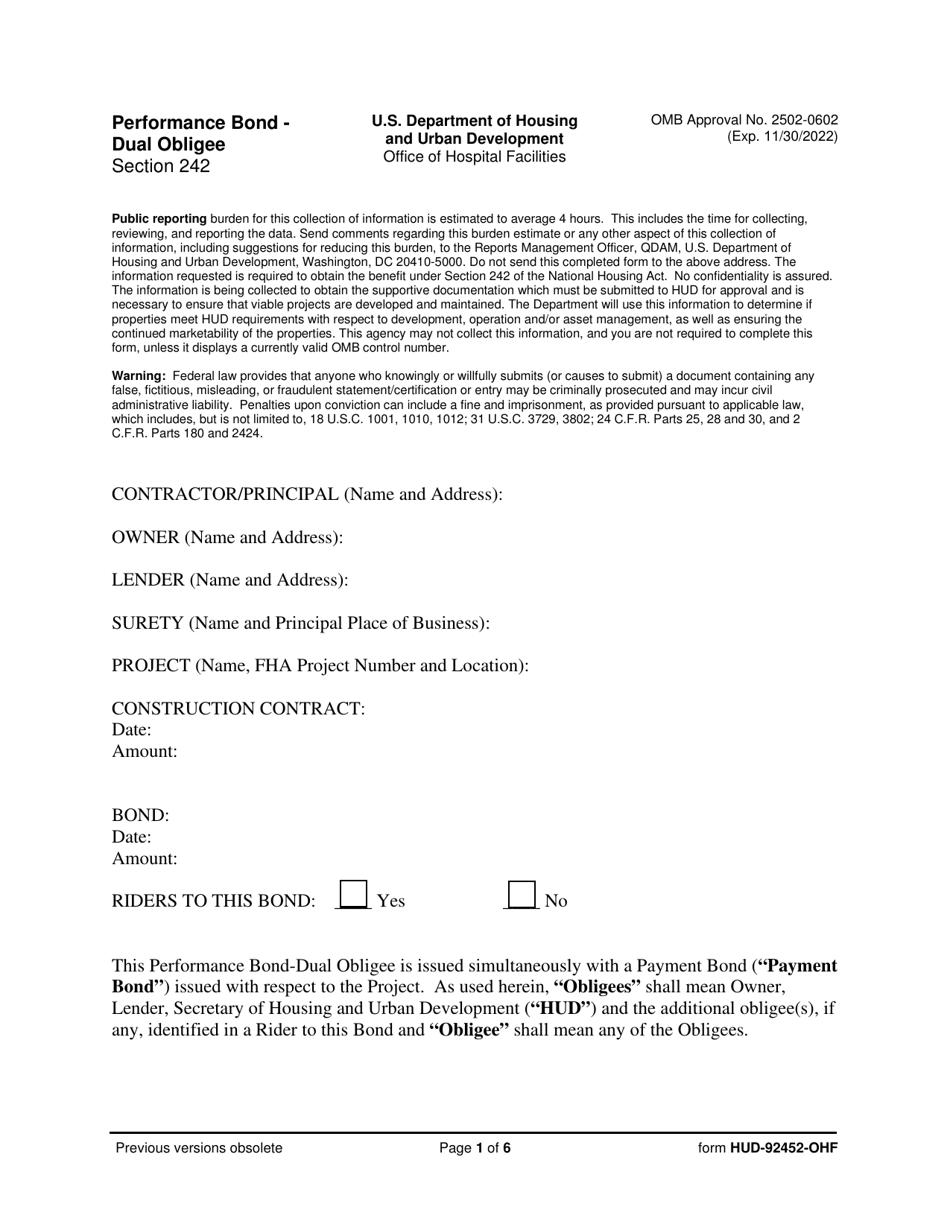 Form HUD-92452-OHF Performance Bond - Dual Obligee - Section 242, Page 1