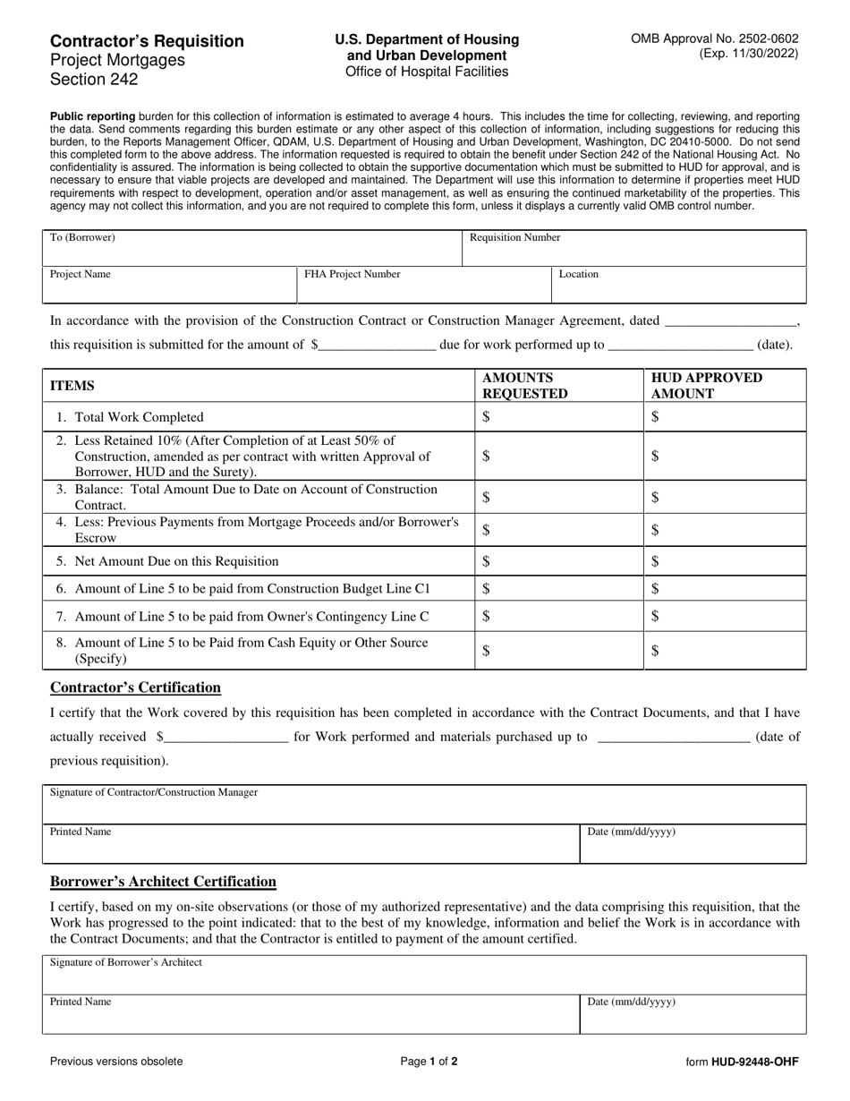 Form HUD-92448-OHF Contractors Requisition Project Mortgages, Page 1