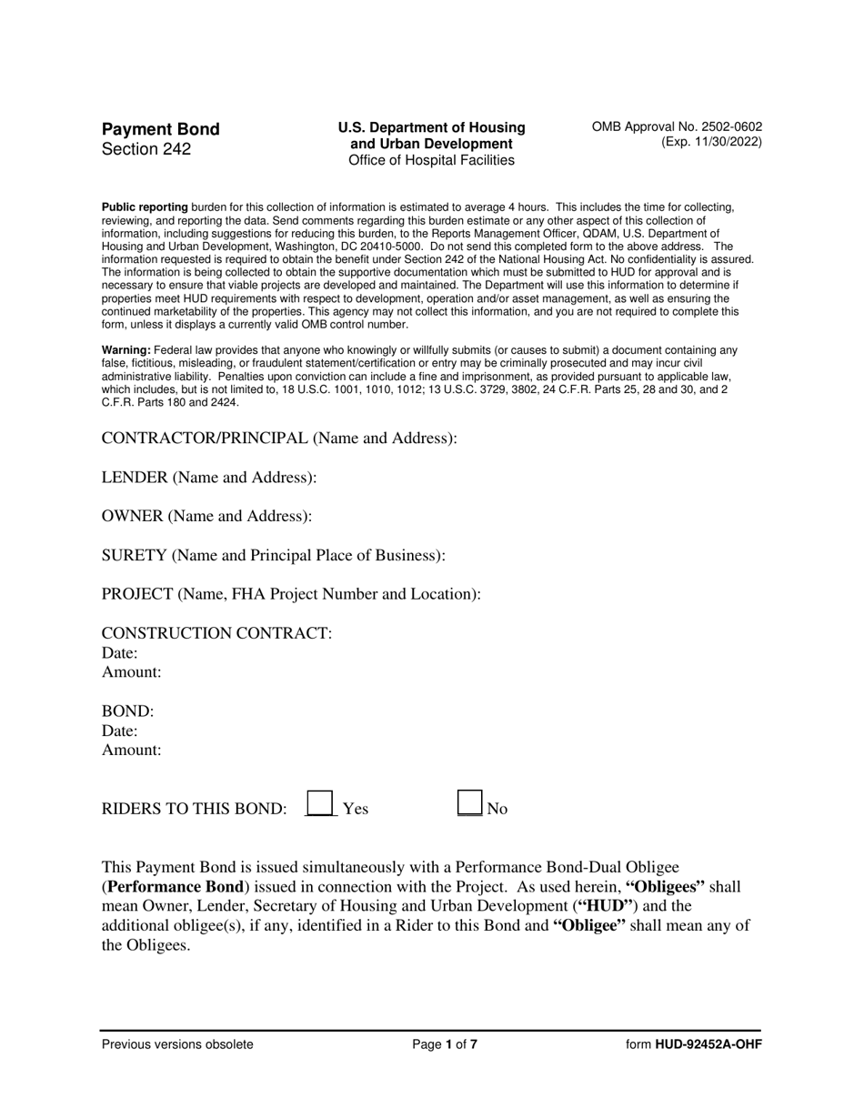 Form HUD-92452A-OHF Payment Bond, Page 1