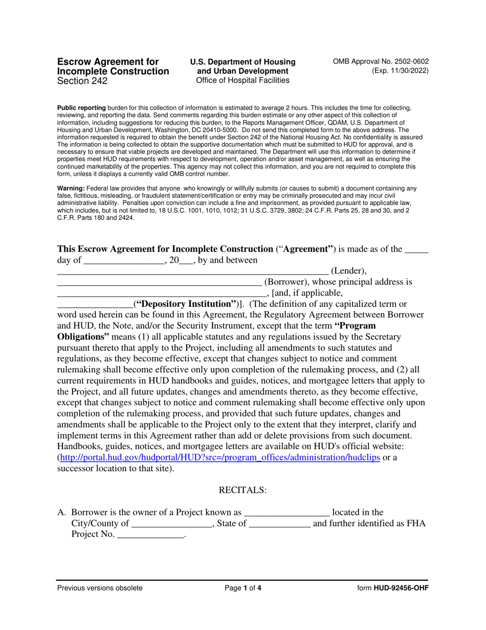 Form HUD-92456-OHF Escrow Agreement for Incomplete Construction, Page 1