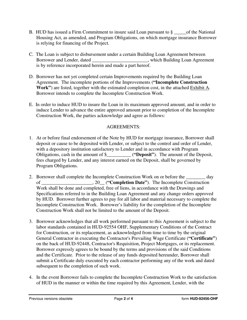 Form HUD-92456-OHF Escrow Agreement for Incomplete Construction, Page 2