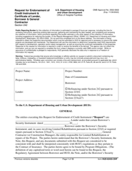 Document preview: Form HUD-92455-OHF Request for Endorsement of Credit Instrument & Certificate of Lender, Borrower & General Contractor