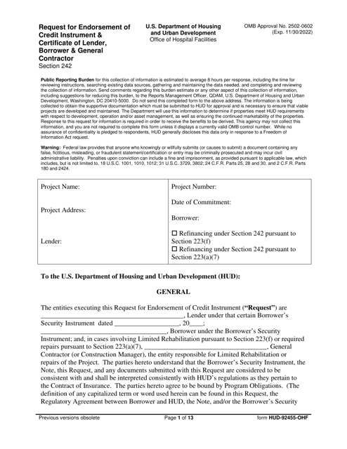 Form HUD-92455-OHF Request for Endorsement of Credit Instrument & Certificate of Lender, Borrower & General Contractor