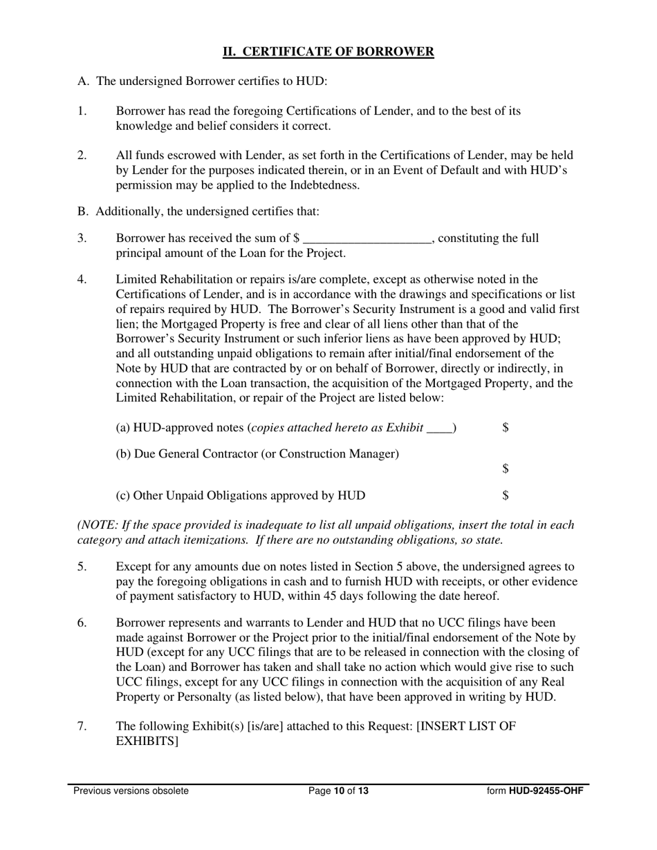 Form HUD-92455-OHF Request for Endorsement of Credit Instrument  Certificate of Lender, Borrower  General Contractor, Page 10
