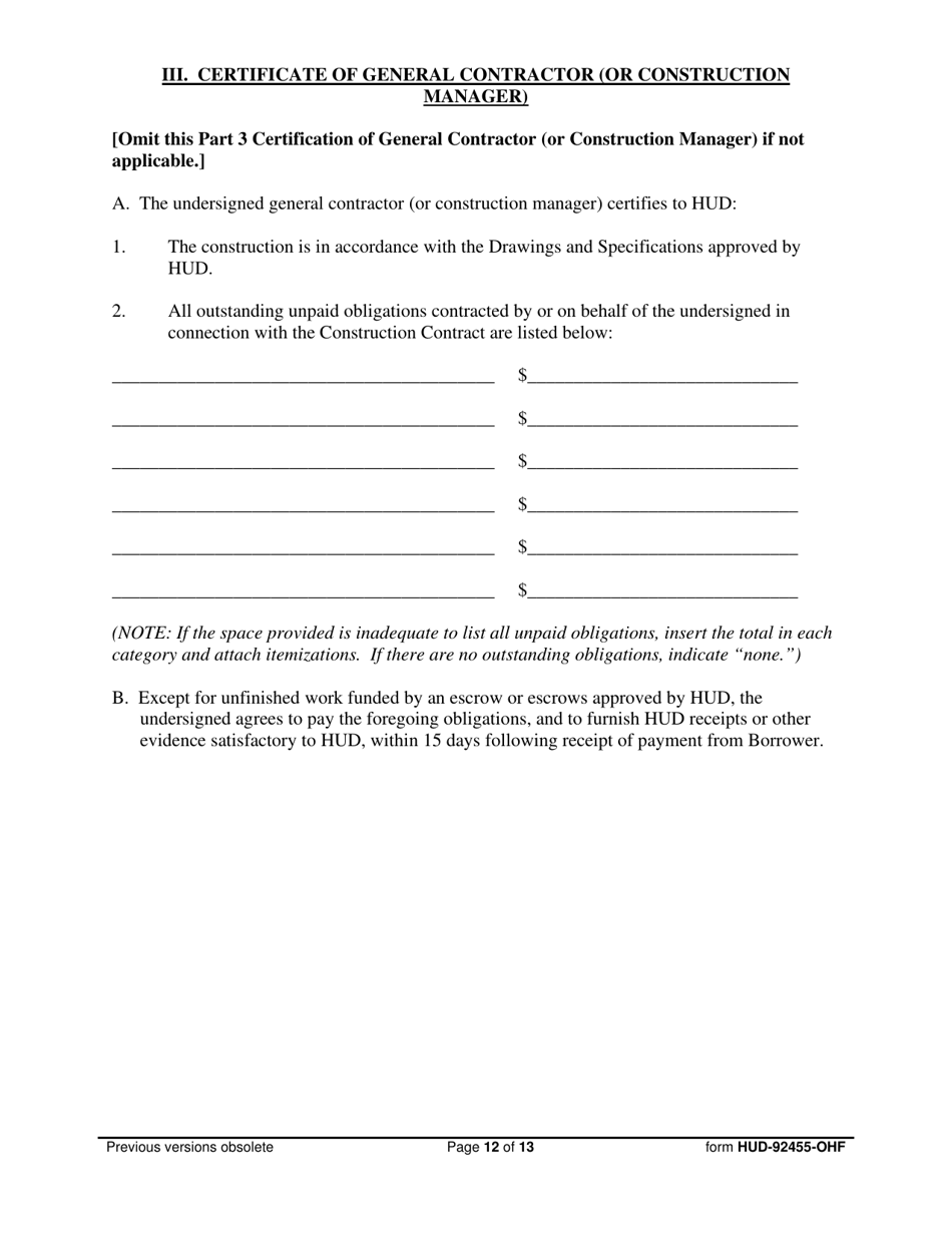Form HUD-92455-OHF Request for Endorsement of Credit Instrument  Certificate of Lender, Borrower  General Contractor, Page 12