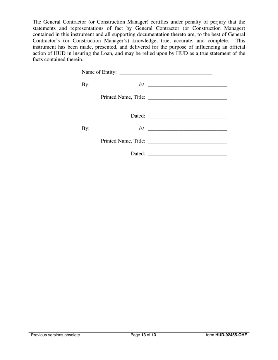 Form HUD-92455-OHF Request for Endorsement of Credit Instrument  Certificate of Lender, Borrower  General Contractor, Page 13