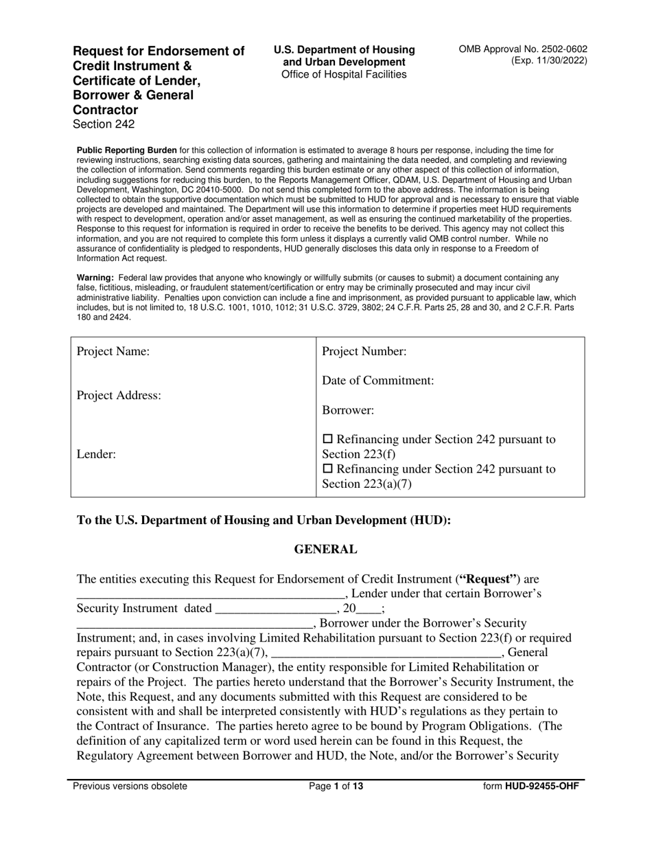 Form HUD-92455-OHF Request for Endorsement of Credit Instrument  Certificate of Lender, Borrower  General Contractor, Page 1