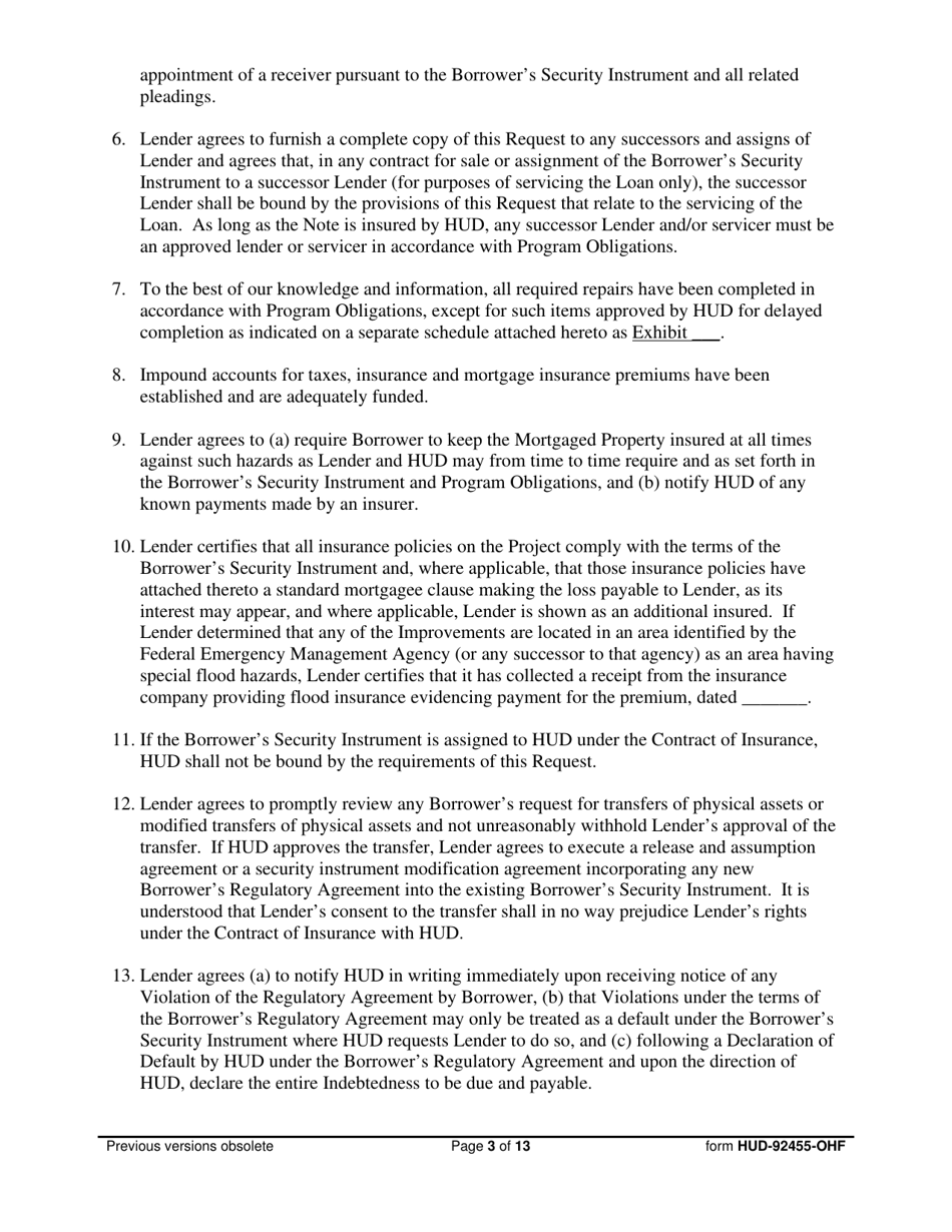 Form HUD-92455-OHF Request for Endorsement of Credit Instrument  Certificate of Lender, Borrower  General Contractor, Page 3