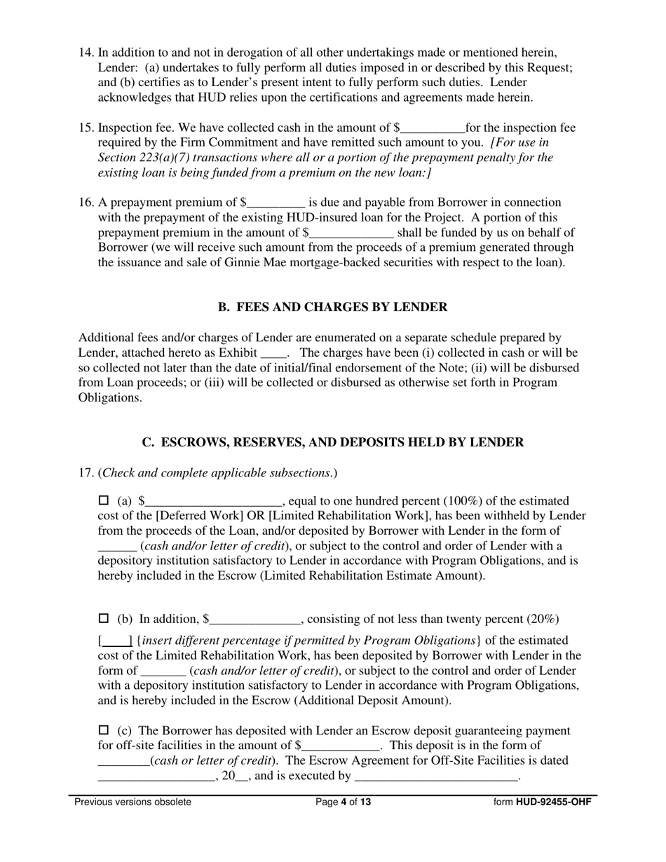 Form HUD-92455-OHF Request for Endorsement of Credit Instrument  Certificate of Lender, Borrower  General Contractor, Page 4