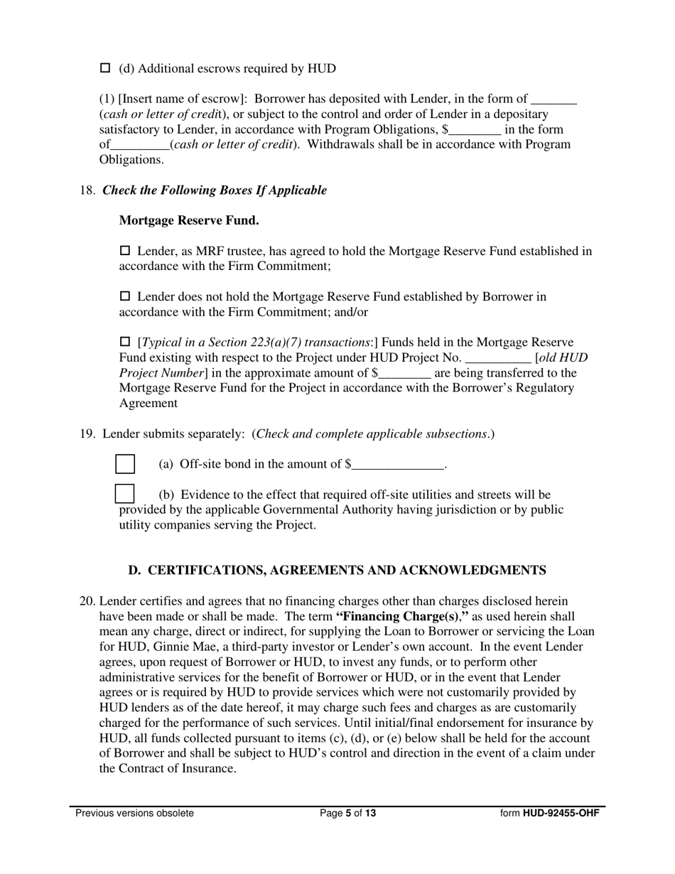 Form HUD-92455-OHF Request for Endorsement of Credit Instrument  Certificate of Lender, Borrower  General Contractor, Page 5