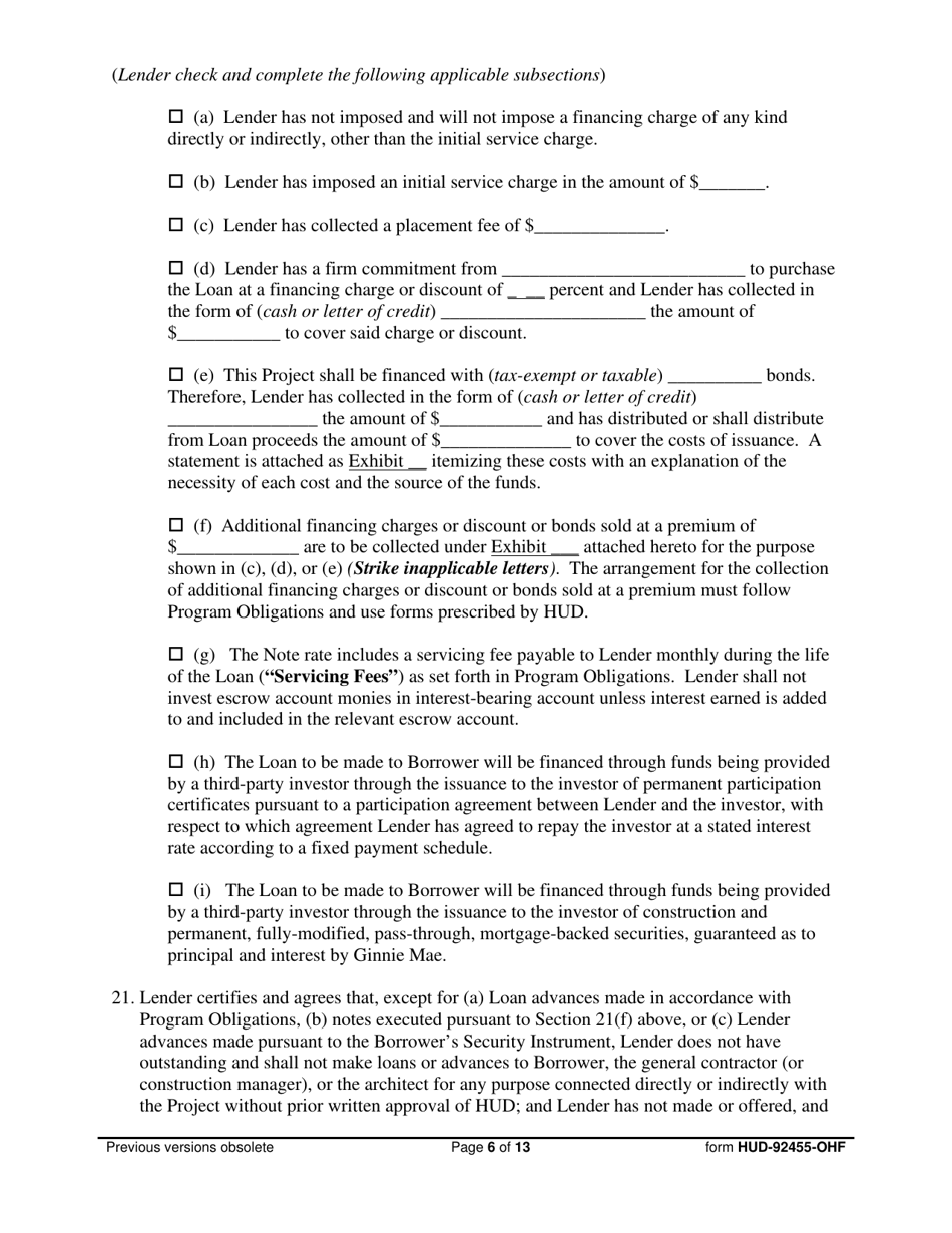 Form HUD-92455-OHF Request for Endorsement of Credit Instrument  Certificate of Lender, Borrower  General Contractor, Page 6