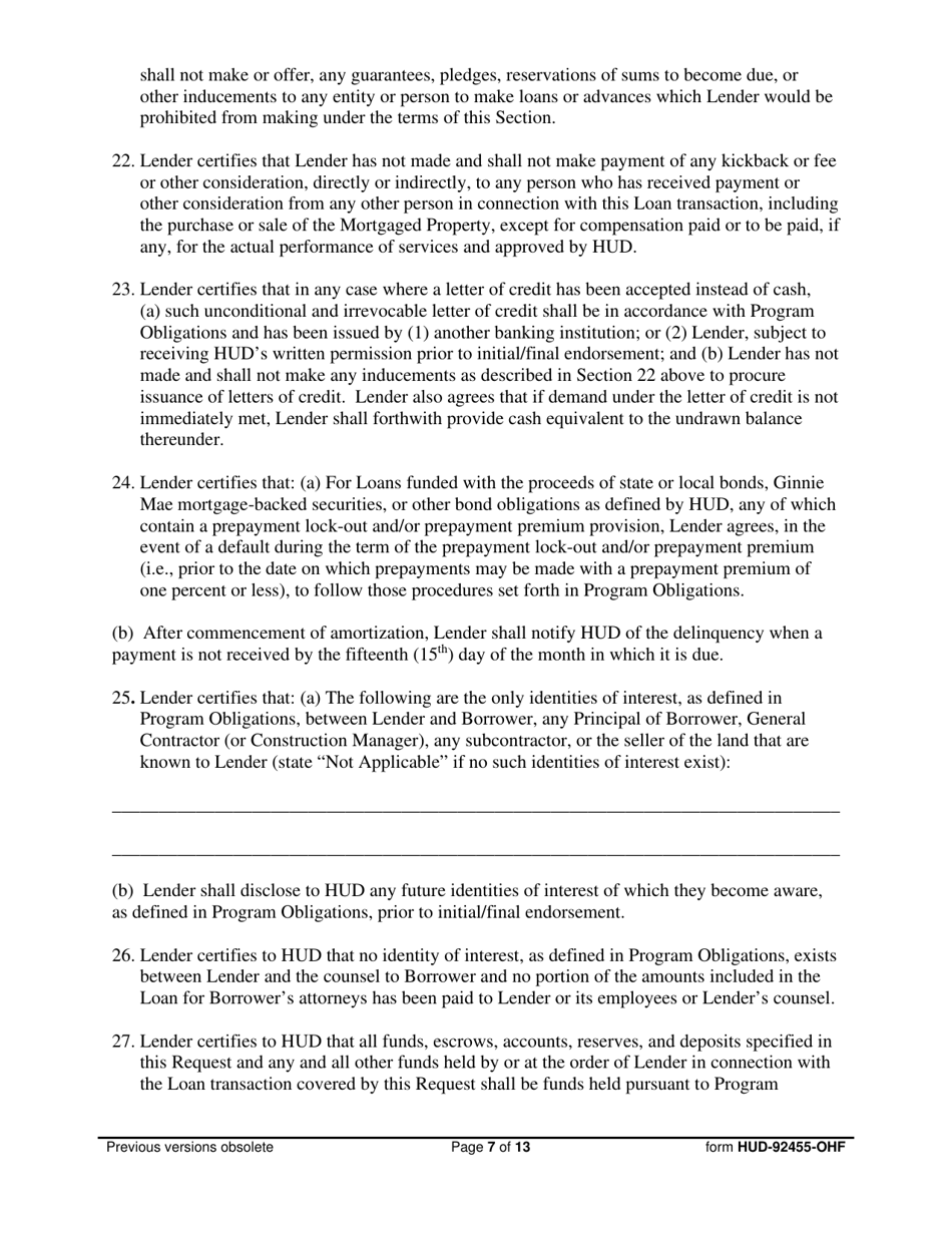 Form HUD-92455-OHF Request for Endorsement of Credit Instrument  Certificate of Lender, Borrower  General Contractor, Page 7