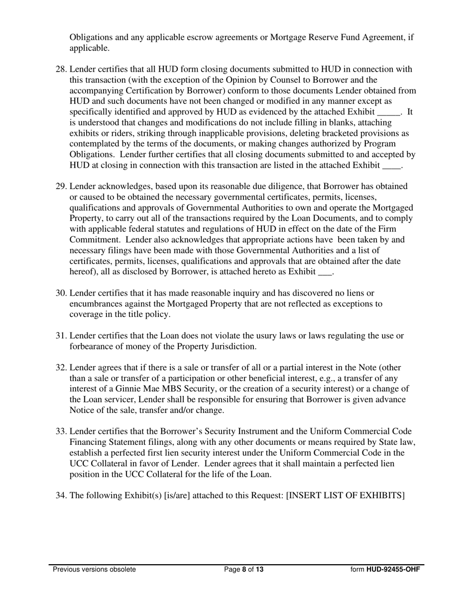 Form HUD-92455-OHF Request for Endorsement of Credit Instrument  Certificate of Lender, Borrower  General Contractor, Page 8