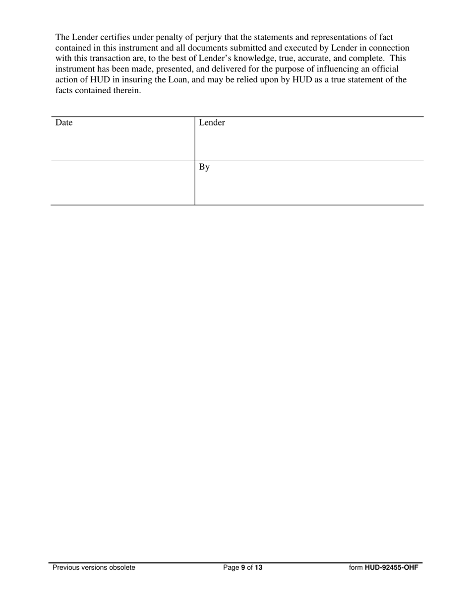 Form HUD-92455-OHF Request for Endorsement of Credit Instrument  Certificate of Lender, Borrower  General Contractor, Page 9