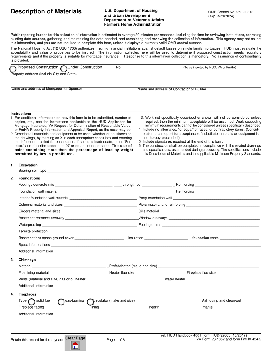 Form HUD-92005 Description of Materials, Page 1