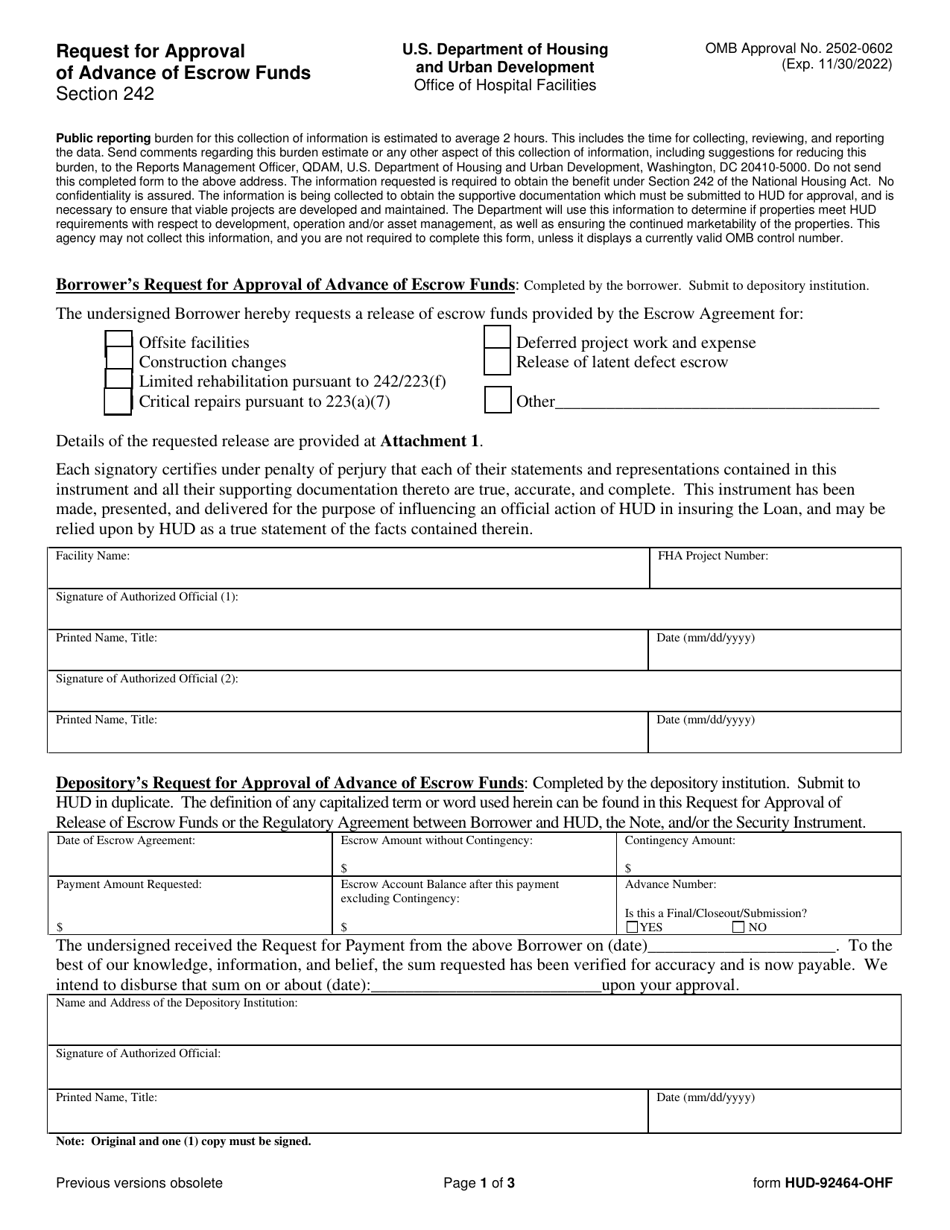Form HUD-92464-OHF Request for Approval of Advance of Escrow Funds - Hospitals / Section 242, Page 1