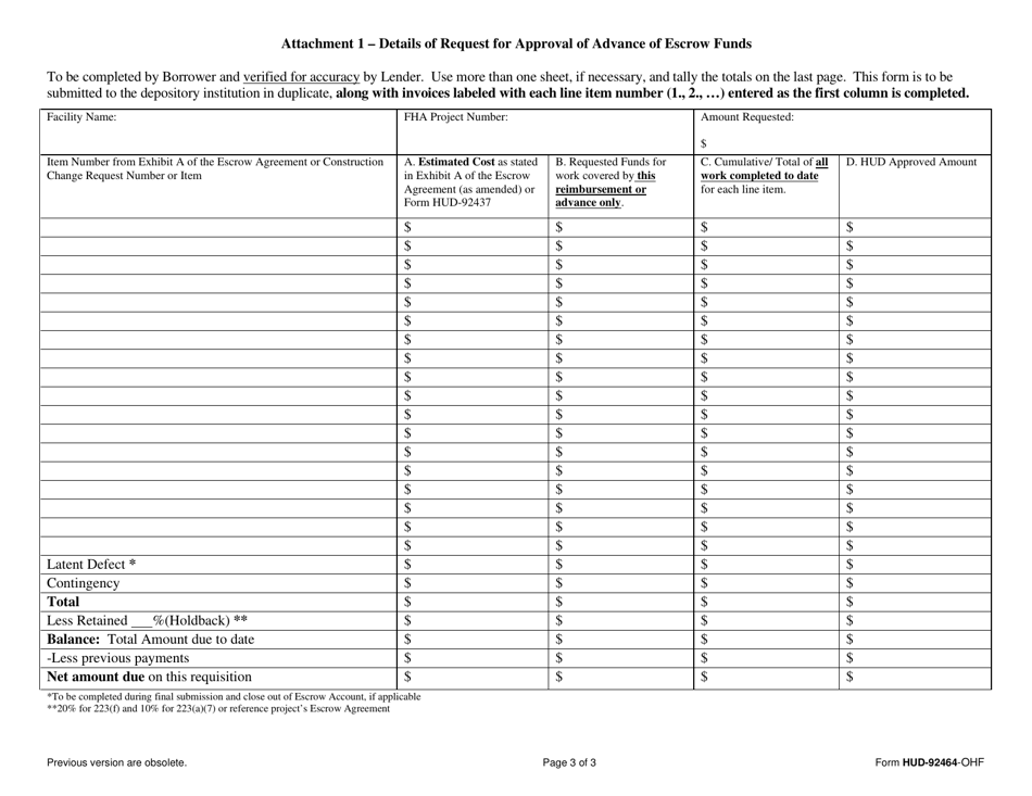 Form HUD-92464-OHF Request for Approval of Advance of Escrow Funds - Hospitals / Section 242, Page 3