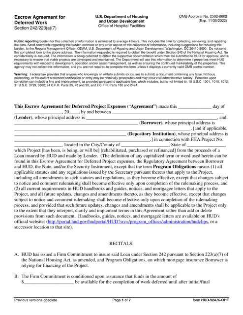 Form HUD-92476-OHF Escrow Agreement for Deferred Work