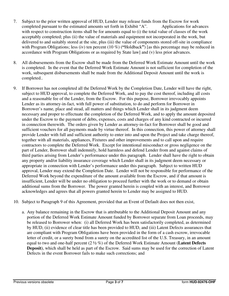 Form HUD-92476-OHF Escrow Agreement for Deferred Work, Page 3