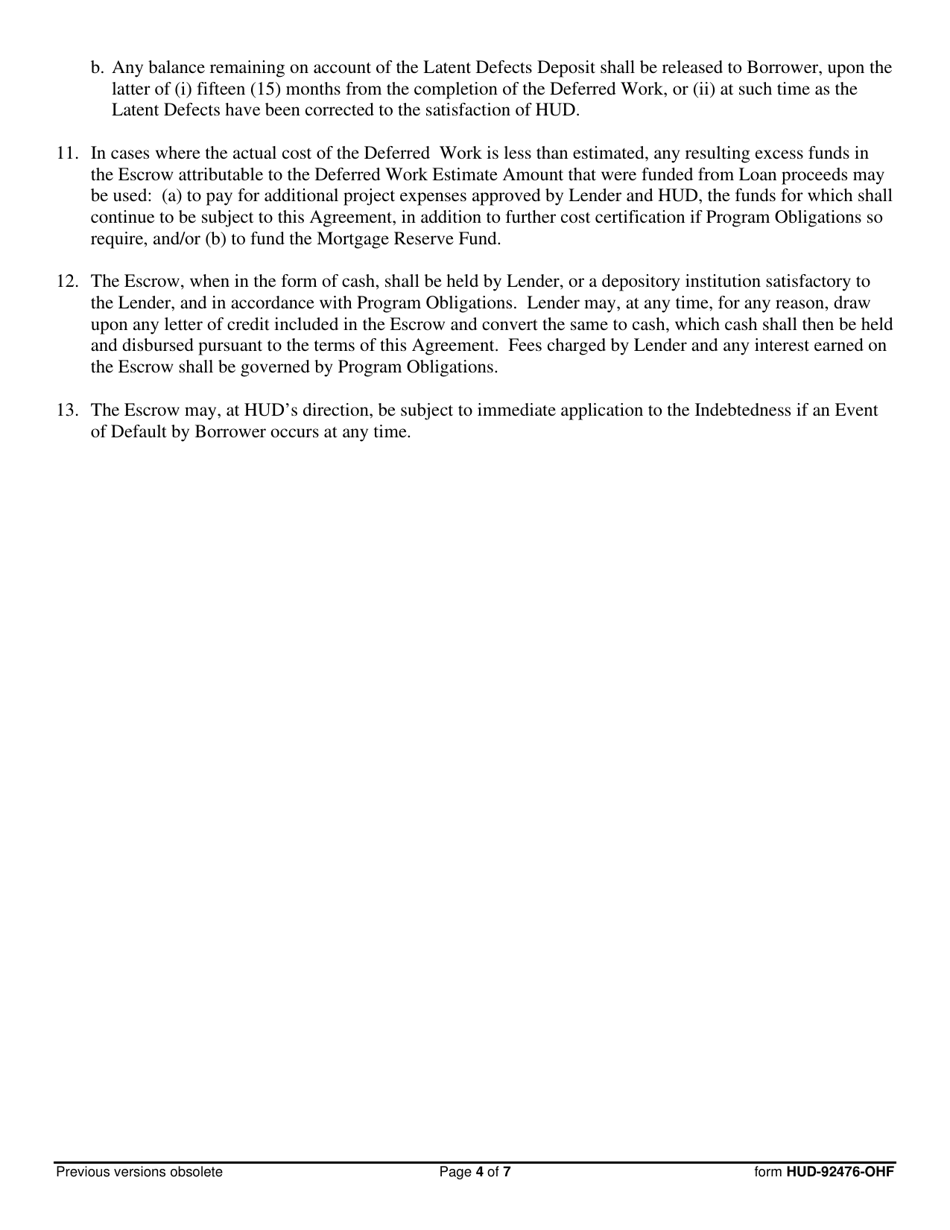 Form HUD-92476-OHF Escrow Agreement for Deferred Work, Page 4