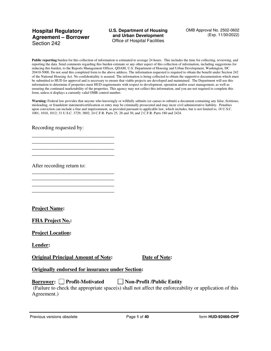 Form HUD-92466-OHF Hospital Regulatory Agreement - Borrower, Page 1