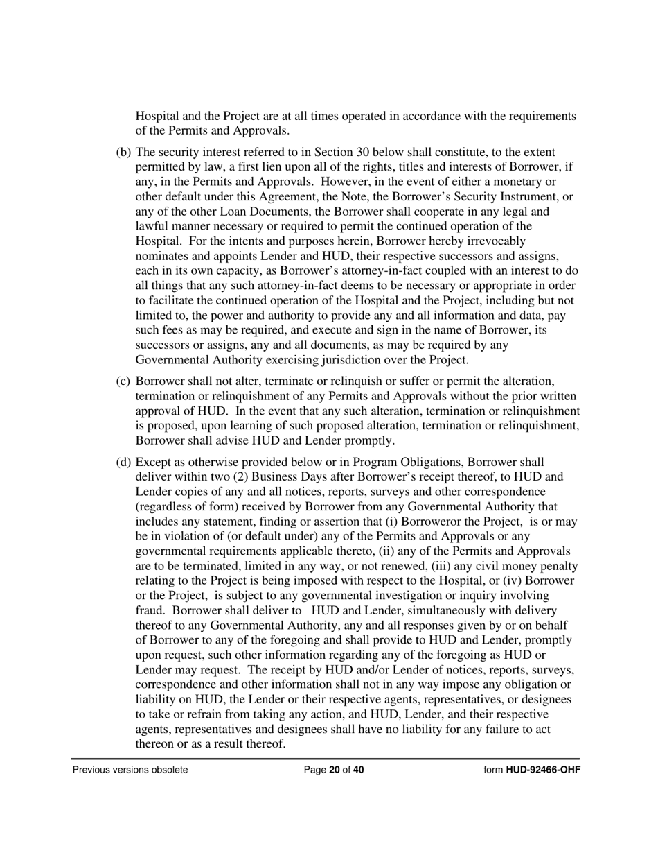Form HUD-92466-OHF Hospital Regulatory Agreement - Borrower, Page 20