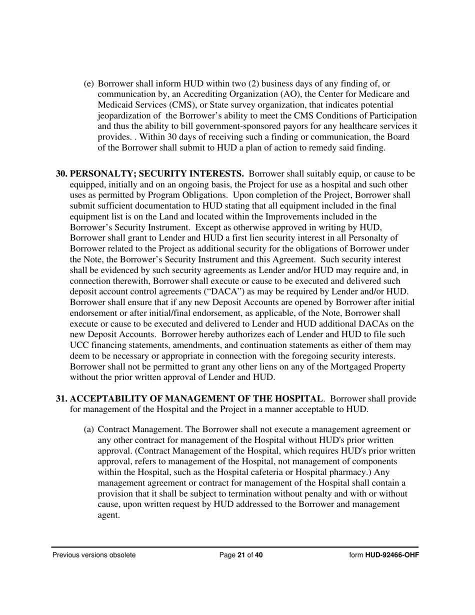 Form HUD-92466-OHF Hospital Regulatory Agreement - Borrower, Page 21