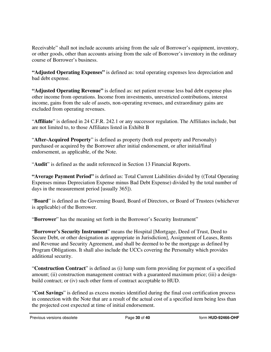 Form HUD-92466-OHF Hospital Regulatory Agreement - Borrower, Page 30