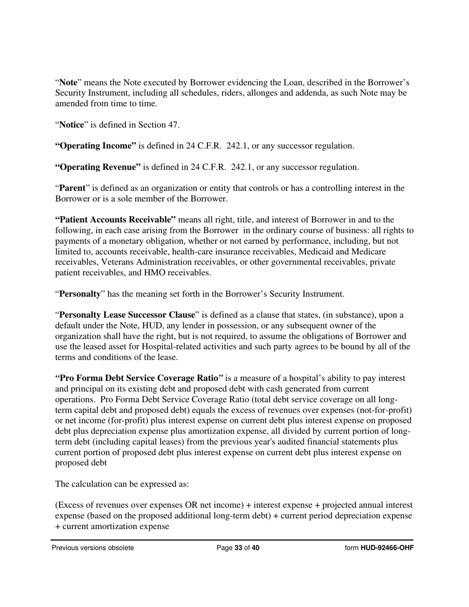 Form HUD-92466-OHF Hospital Regulatory Agreement - Borrower, Page 33