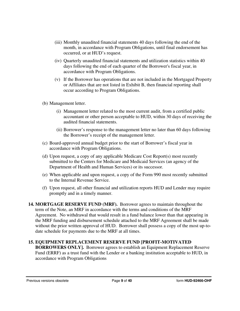 Form HUD-92466-OHF Hospital Regulatory Agreement - Borrower, Page 9