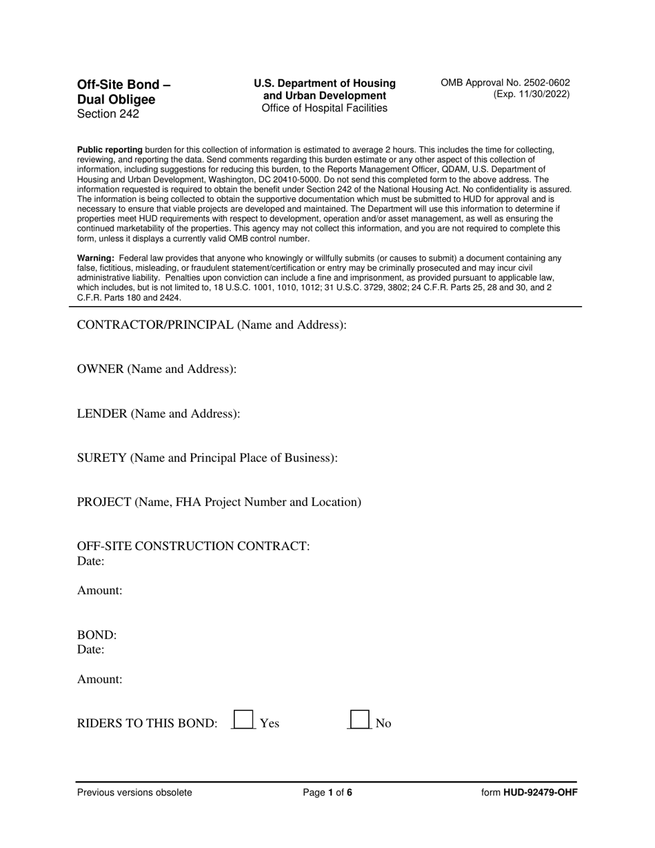 Form HUD-92479-OHF Off-Site Bond - Dual Obligee - Section 242, Page 1