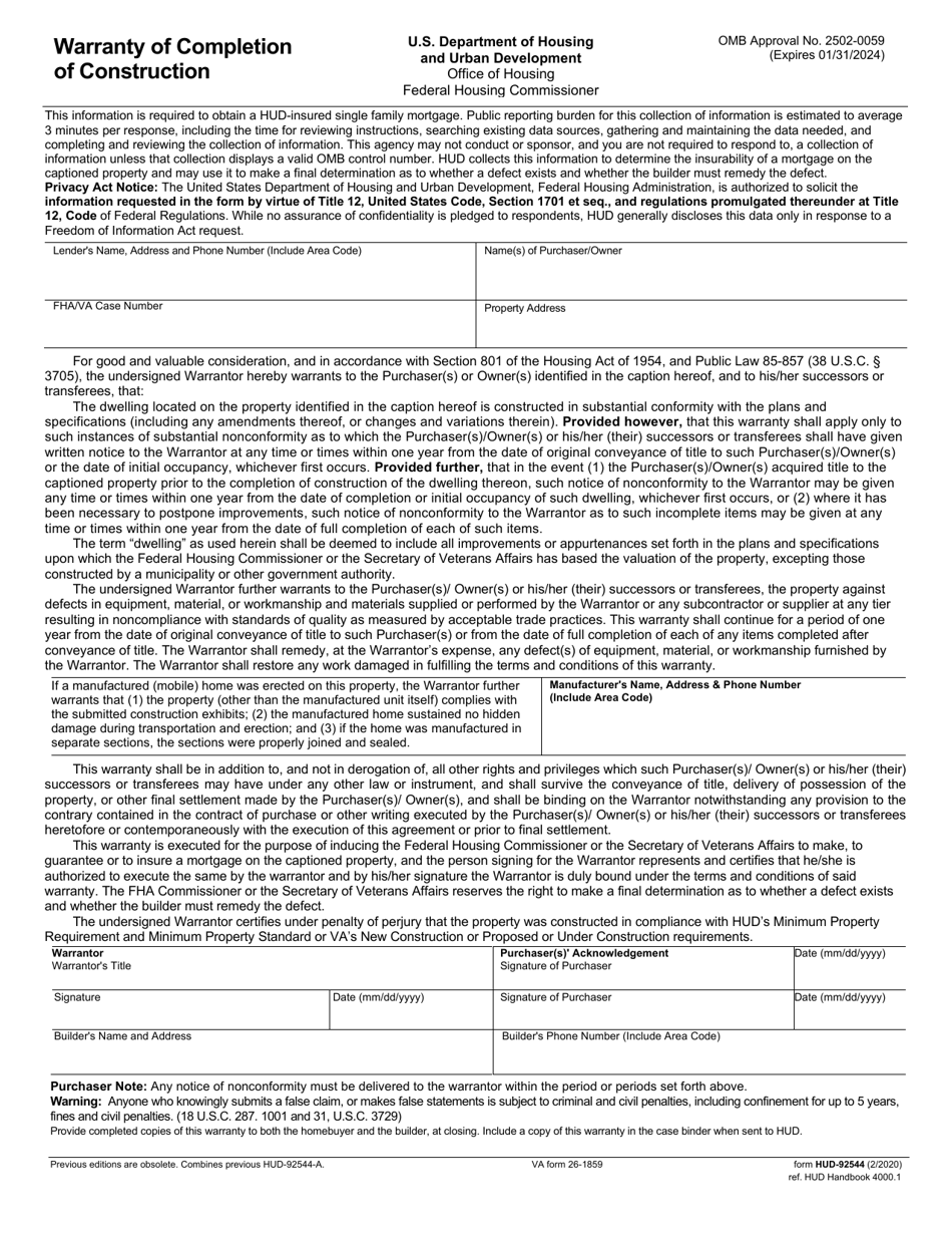 Form HUD-92544 Warranty of Completion of Construction, Page 1