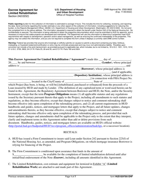 Form HUD-92476A-OHF Escrow Agreement for Limited Rehabilitation