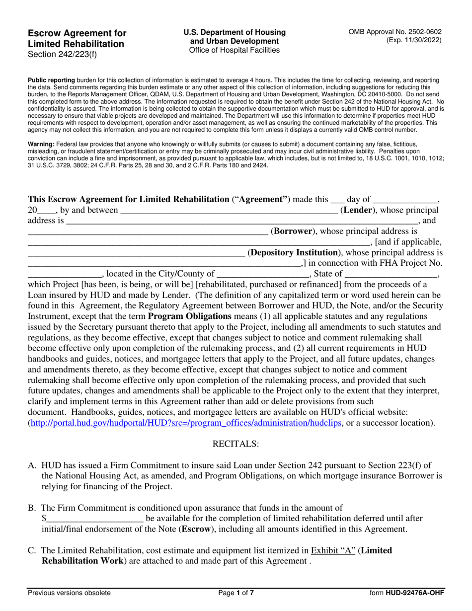 Form HUD-92476A-OHF Escrow Agreement for Limited Rehabilitation, Page 1
