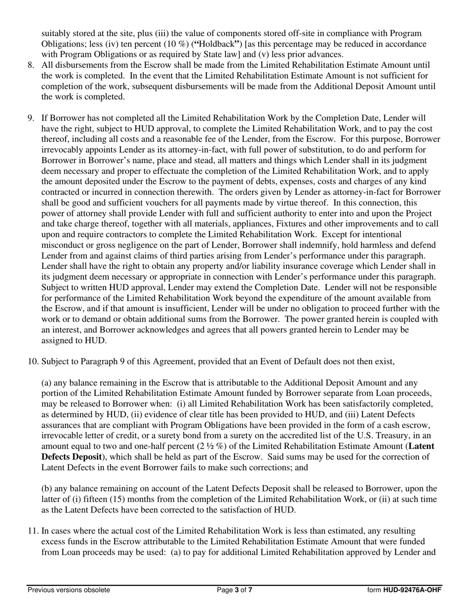 Form HUD-92476A-OHF Escrow Agreement for Limited Rehabilitation, Page 3