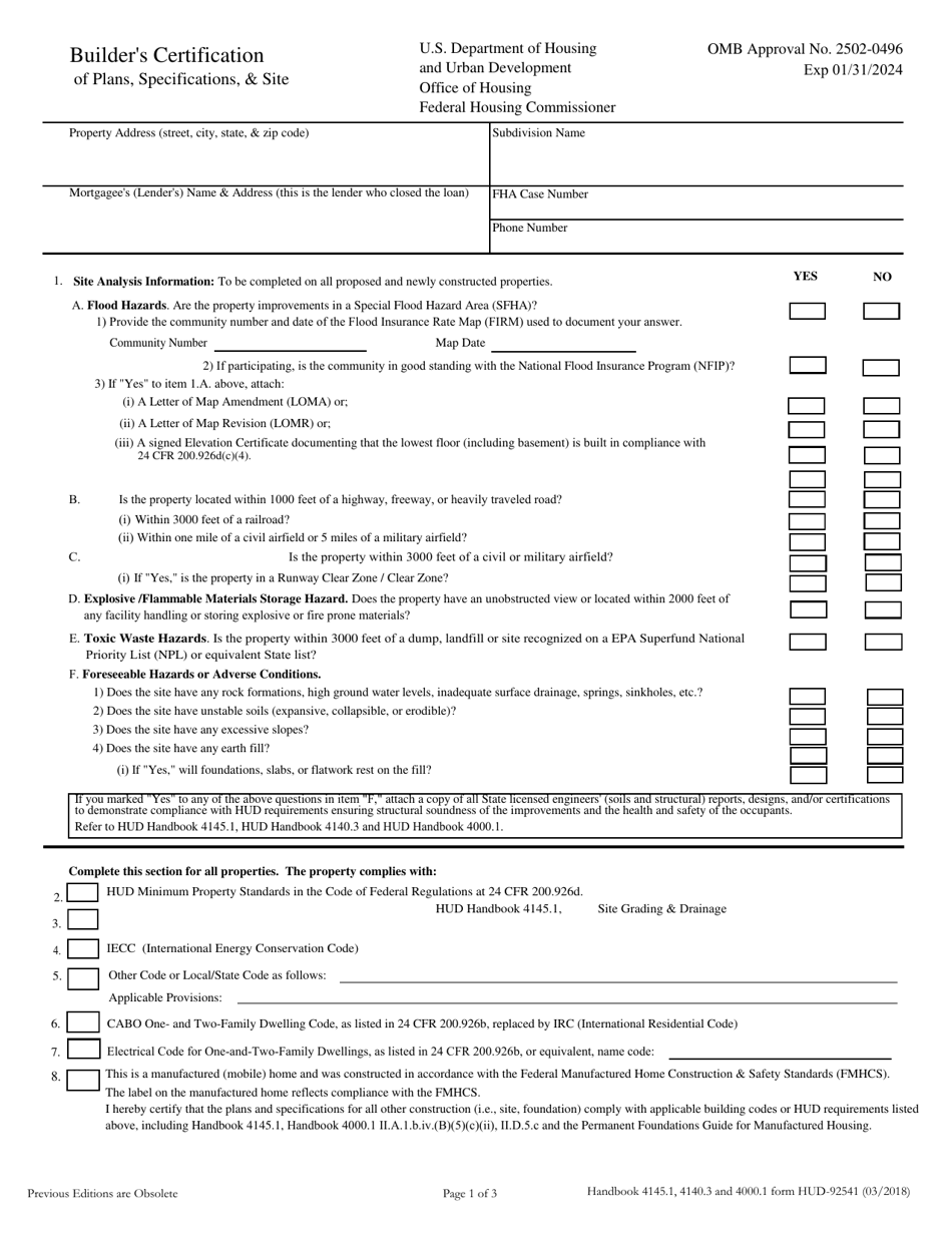 Form HUD-92541 Builders Certification of Plans, Specifications, and Site, Page 1