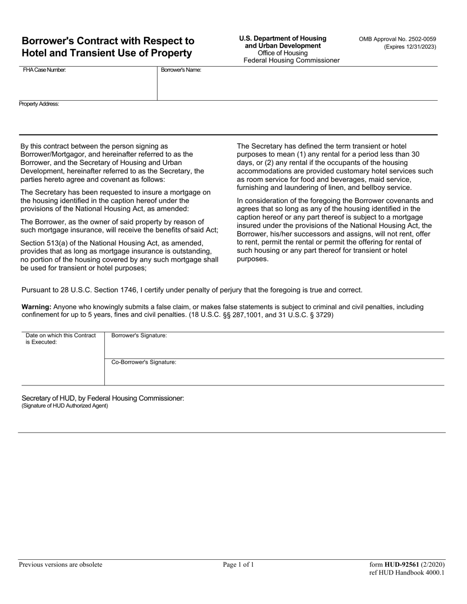 Form HUD-92561 Borrowers Contract With Respect to Hotel and Transient Use of Property, Page 1