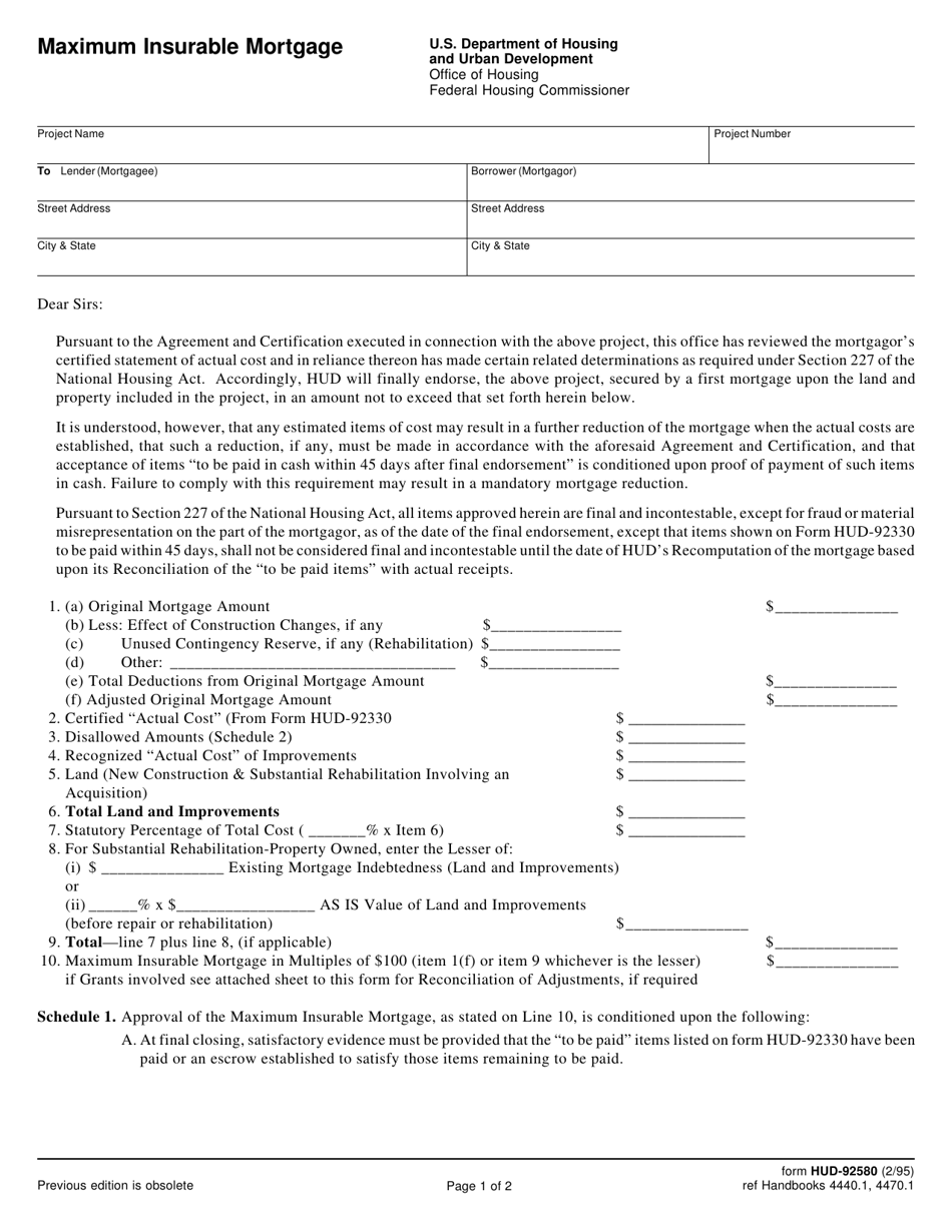 Form HUD-92580 Maximum Insurable Mortgage, Page 1