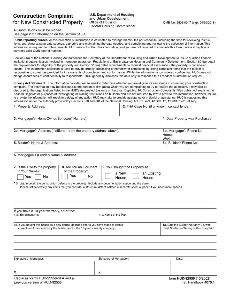 Form HUD-92556 Construction Complaint for New Constructed Property, Page 1