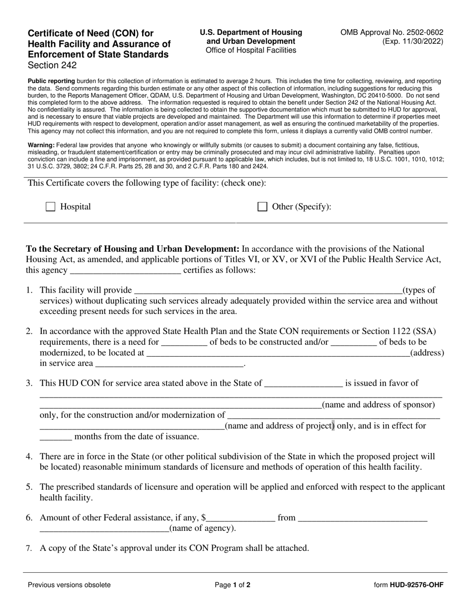 Form HUD-92576-OHF Certificate of Need (Con) for Health Facility and Assurance of Enforcement of State Standards, Page 1