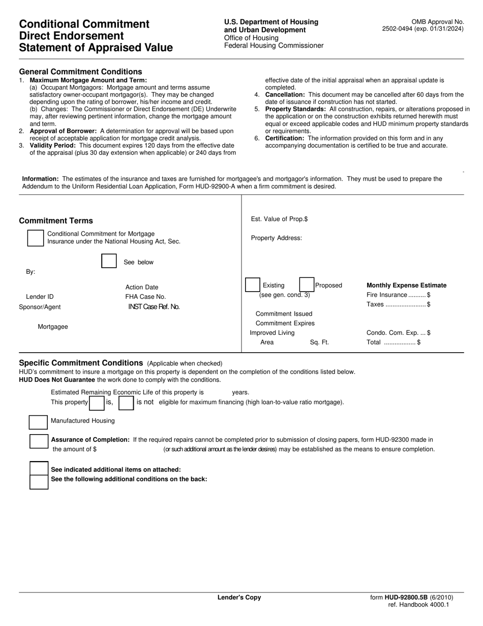 Form HUD-92800.5B Conditional Commitment Direct Endorsement Statement of Appraised Value, Page 1