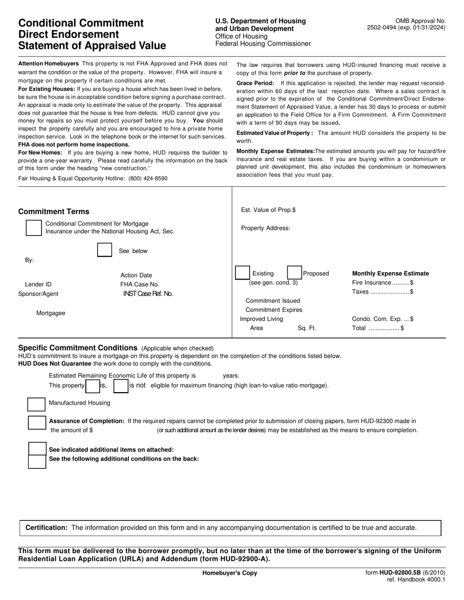 Form HUD-92800.5B Conditional Commitment Direct Endorsement Statement of Appraised Value, Page 5