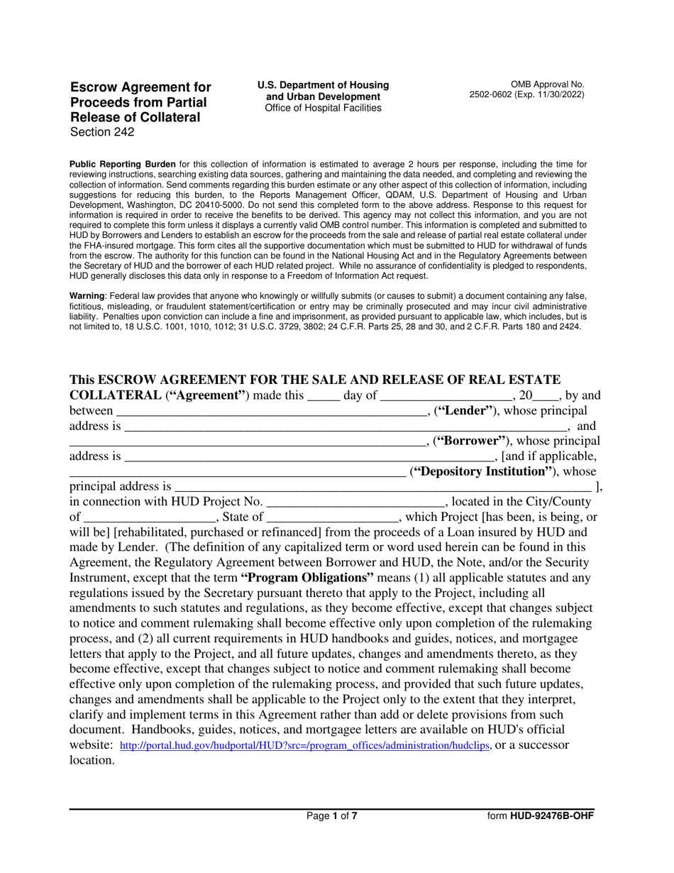 Form HUD-92476B-OHF Escrow for Proceeds From Partial Release of Collateral, Page 1