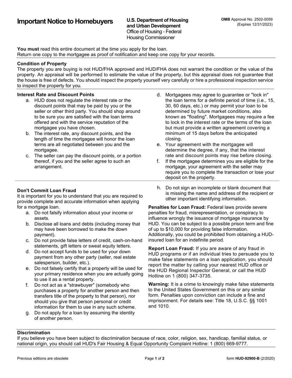 Form HUD-92900-B Important Notice to Homebuyers, Page 1