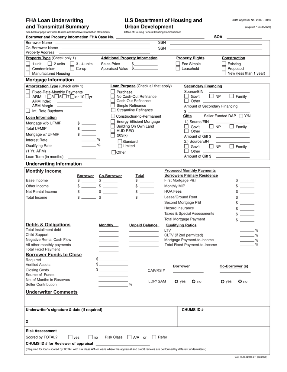 Form HUD-92900-LT Fha Loan Underwriting and Transmittal Summary, Page 1