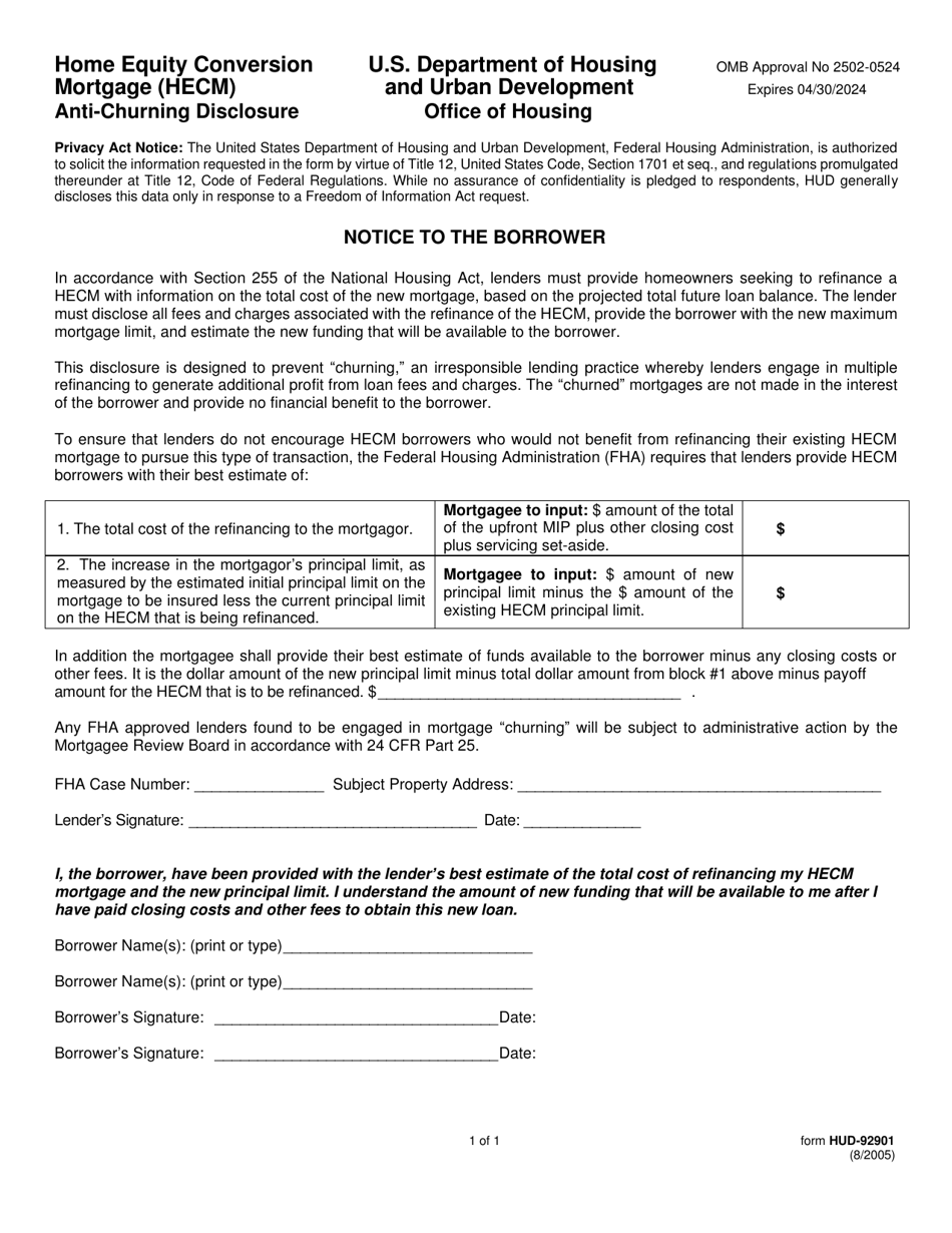 Form HUD-92901 Home Equity Conversion Mortgage (Hecm) Anti-churning Disclosure, Page 1